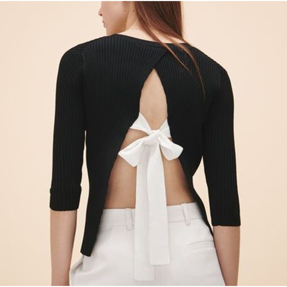 Maje Meely Black Ribbed White Open Back Tie Crewneck Sweater 3 Vicose Pullover - Picture 1 of 8